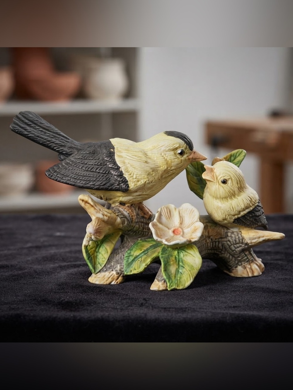vintage, hand-painted Decorative Yellow & Gray Bird Figurine with Flower -